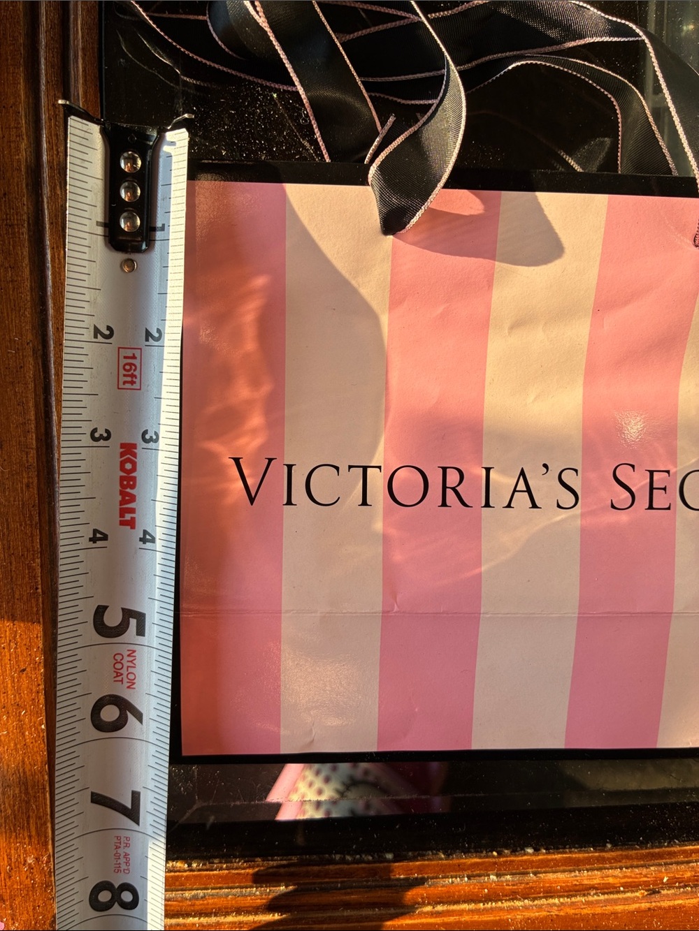 Victoria's Secret Pink & Light Pink Striped Tote with Black Ribbon Handles - Picture 2 of 3